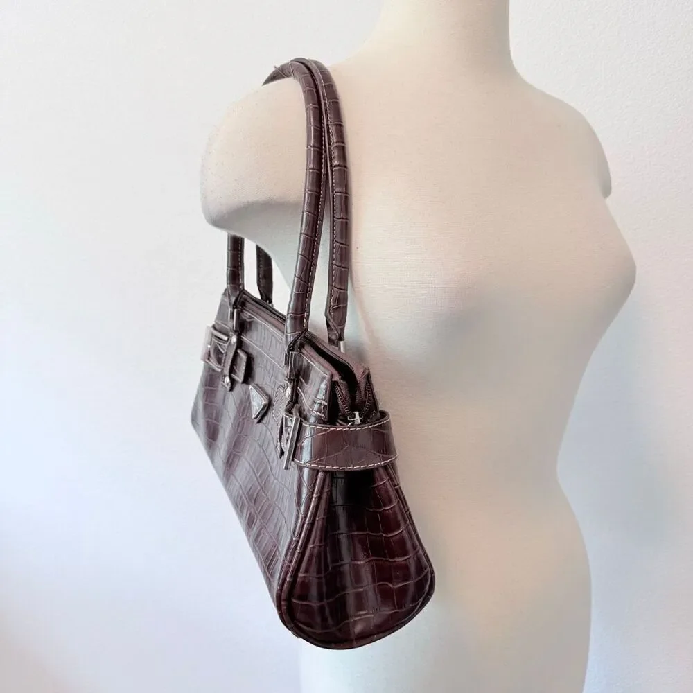 Brown Alligator Faux Baguette Bag Shoulder Purse Small Buckle
